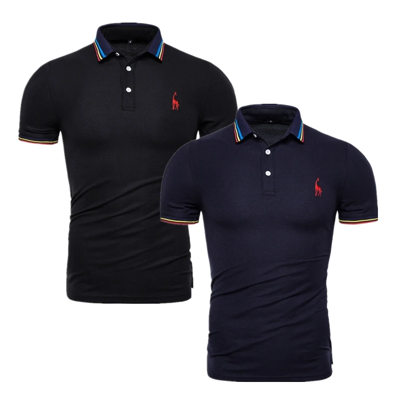 black-navy Фирменное Качество, 2 шт./лот, Мужская однотонная приталенная рубашка поло с вышитым оленем, Мужская Повседневная деловая рубашка поло, мужские топы с жирафом - Цвет: black-navy