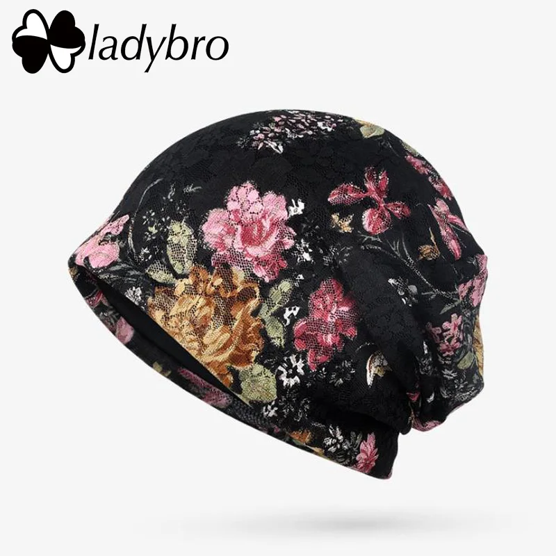 Ladybro, Осенние кружевные вязаные шапочки, женская шапка Skullies Beanies, шапка с принтом, хлопковая шапка, женская шапочка, Женская Повседневная Цветочная шапка - Цвет: 002