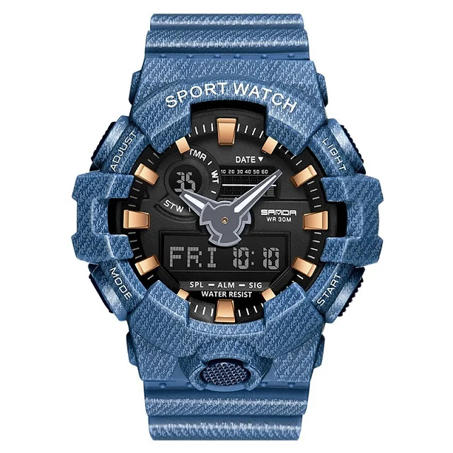 Blue SANDA, новинка, мужские часы, светодиодный, для улицы, G стиль, военные, цифровые часы, светящиеся, деним, мужские спортивные часы, relogio masculino - Цвет: Blue