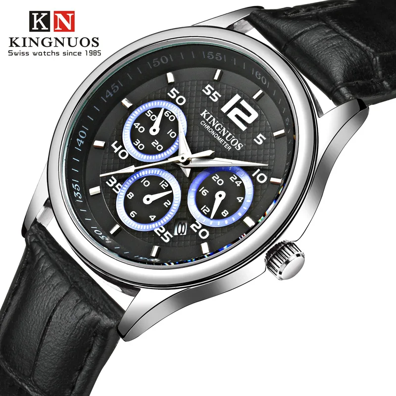 New KINGNUOS Brand Fashion Business Mens Wristwatch Waterproof Male Watch Casual Leather Strap Quartz Watches Relogio Genuine | Наручные