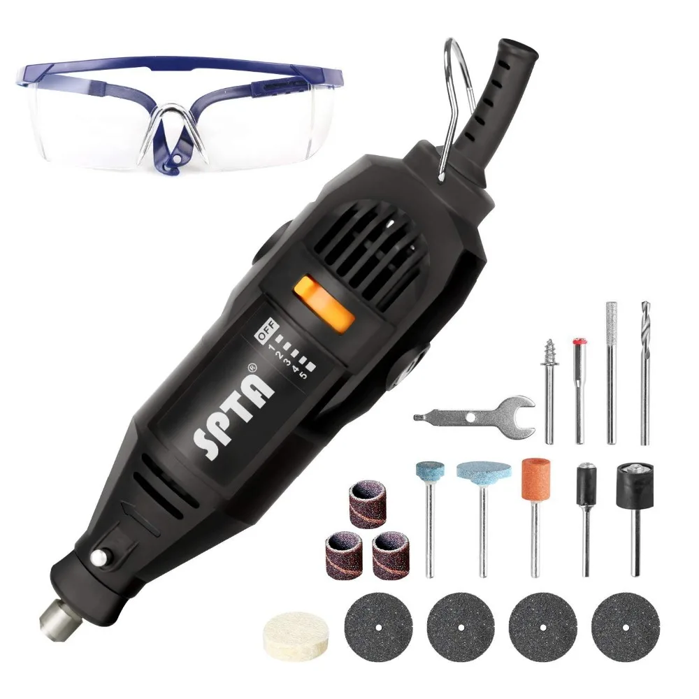 SPTA 110V 130W Variable Speed Electric Dremel Rotary Tool Mini Drill+ Safety Glasses+ 15Pcs Accessories for Cutting Grinding