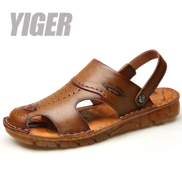 khaki sandals YIGER/мужские сандалии; пляжные шлепанцы; Новинка; летние мужские повседневные сандалии из натуральной кожи с нескользящей подошвой; шлепанцы для отдыха и улицы; 332 - Цвет: khaki sandals