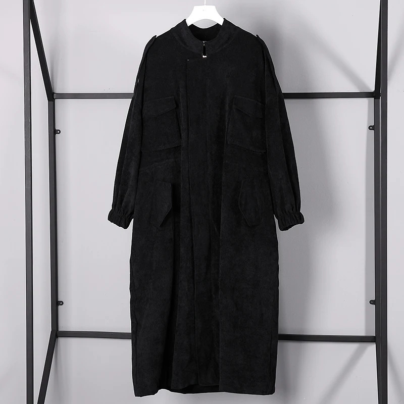 black coat CHICEVER, леопардовая Женская ветровка со стоячим воротником, с длинным рукавом, на молнии, свободный, негабаритный, длинный Тренч, Женское пальто, модная одежда, Новинка - Цвет: black coat