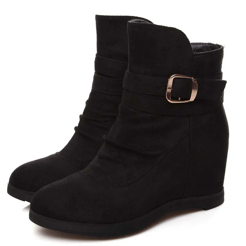 Flock winter women boots big size34 41 shoes Wedges Buckle High girls Round Toe Ankle for Black Red|high boots|ankle womenwinter |