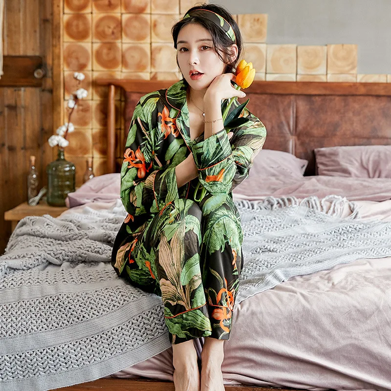 Printed Leaf Pajama Set Green Silk Stain Pijama Set Pants Set Lingerie Kimono Underwear Pyjamas Women Pajamas Sexy Lingerie