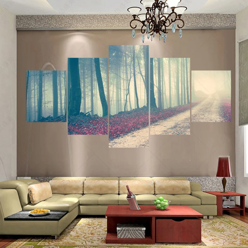 5 панелей современный (без рамки) Pintura горная дорожка Холст Картина маслом