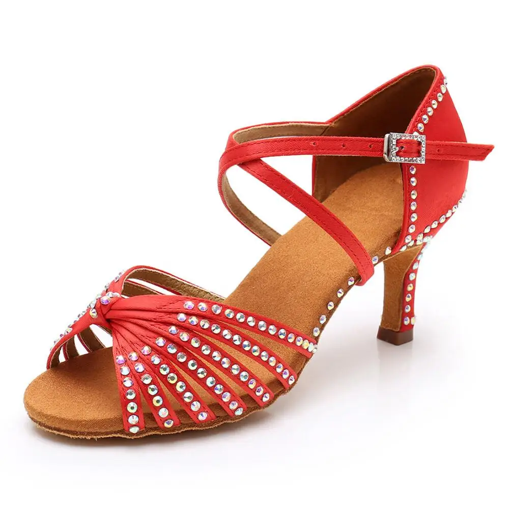 7cm heels Red Стразы женские Танго/бальные/латинские танцы танцевальная обувь на каблуке Сальса профессиональная танцевальная обувь для девушек 5 см/7 см - Цвет: 7cm heels Red