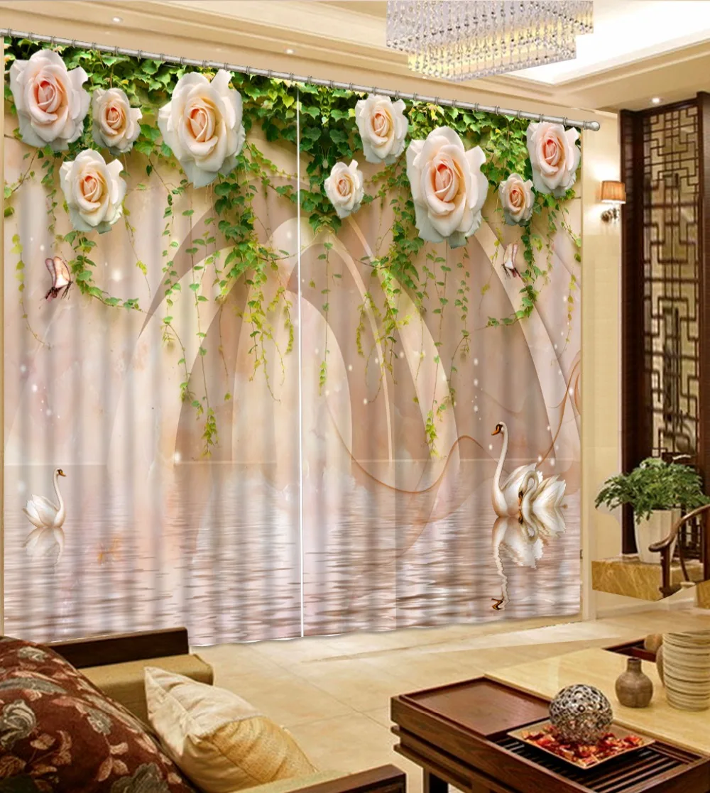 

Luxury 3D Window Curtain living room Shower Hooks Swan Marble Green Leaves Rose Flower Curtains blackout Tapestry Custom size