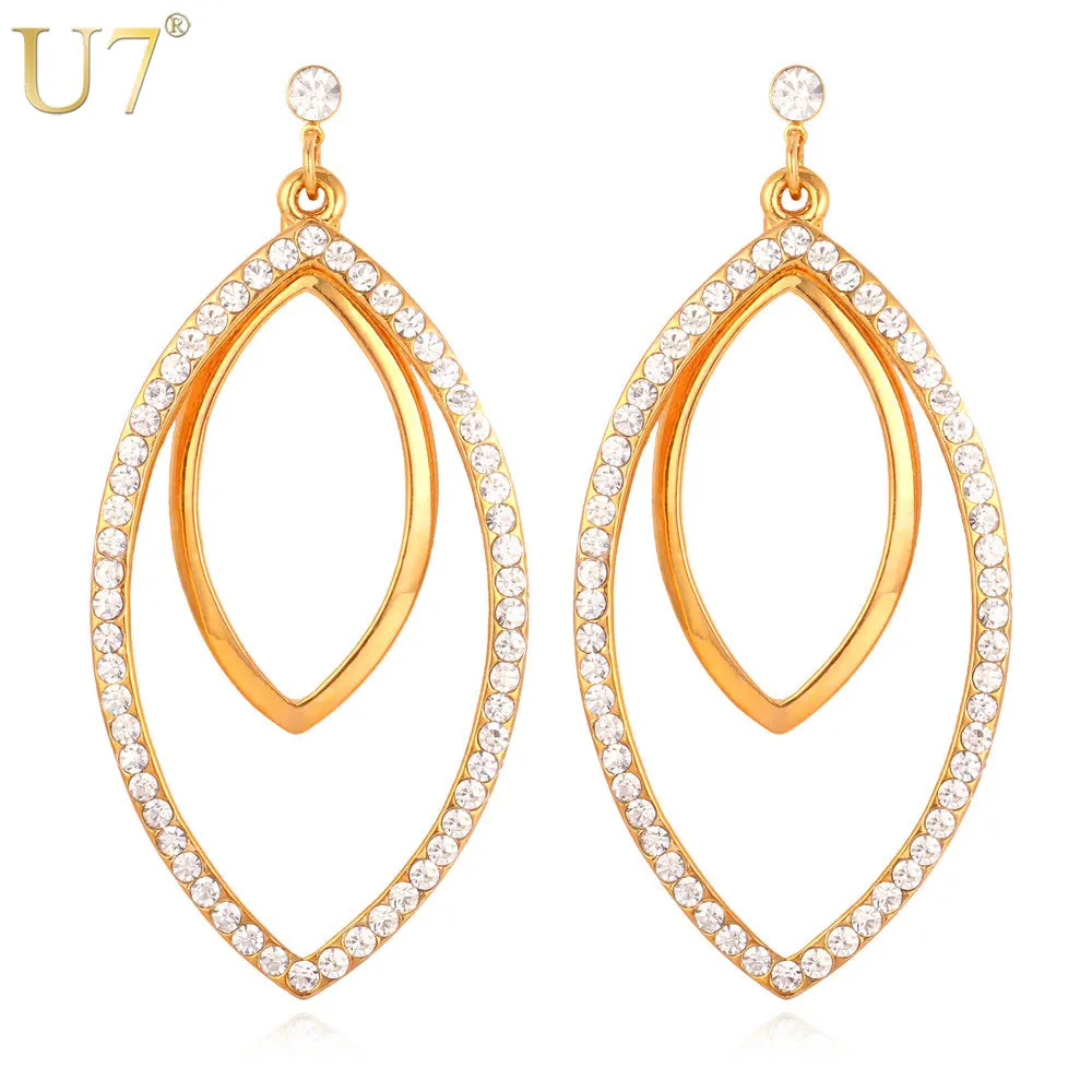 

U7 Leaf Earrings Women Gold Color Rhinestone Crystals Jewelry Multi layer Geometric Drop Earrings Wholesale E465