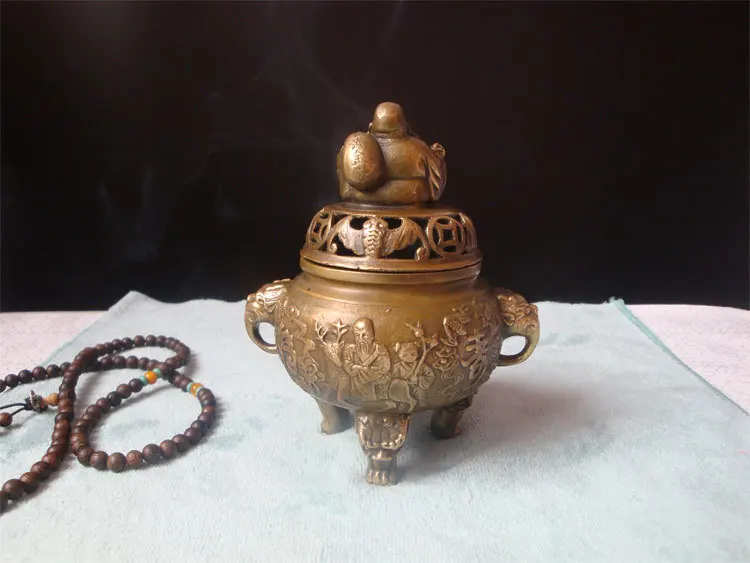 Антикварный антиквариат китайская медная латунная курильница Будды Maitreya | Дом и