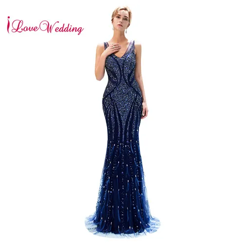 Тёмно-синий ILoveWedding Vestido de festa longo v-образный вырез тяжелое крупное с бисером, темно-синее Тюлевое Русалка сексуальное длинное вечернее платье с рыбьим хвостом - Цвет: Тёмно-синий