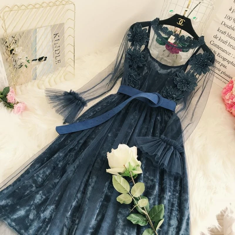 2018 Весна для женщин платья сладкий элегантный сплошной Цветок Винтаж ремень