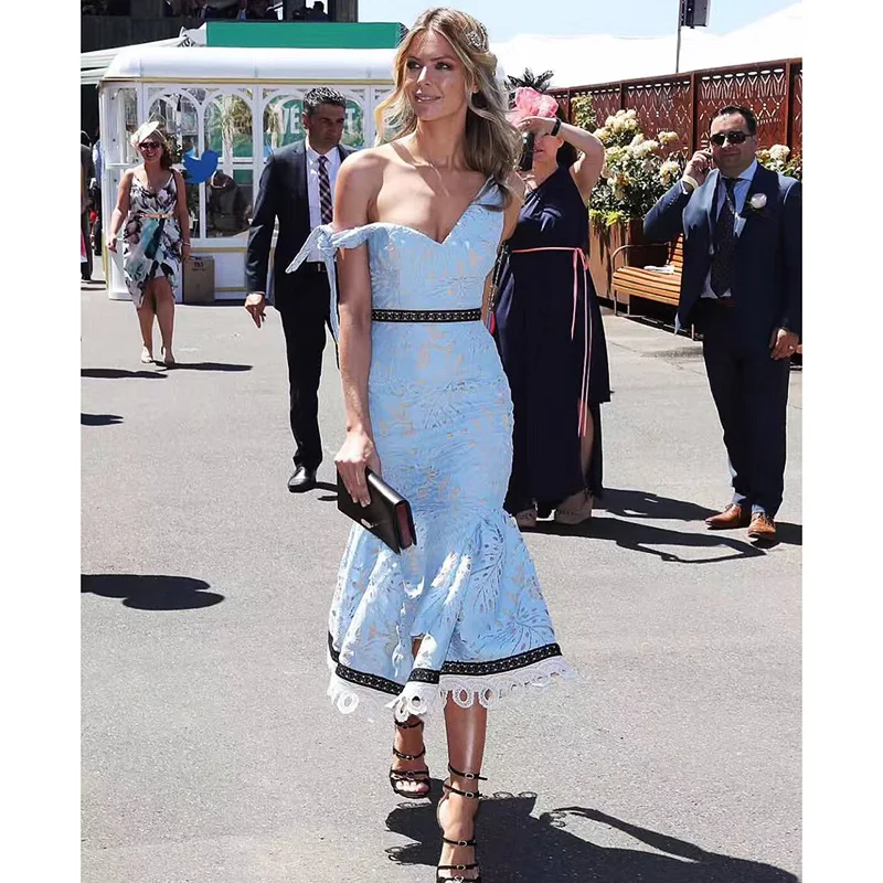 Сексуальный светильник синее Кружевное платье миди 2020 подиумное летнее на одно