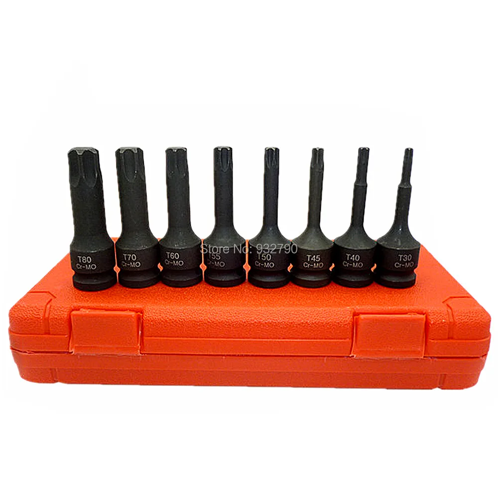 

8pcs Impact Socket Bit Set 1/2" Drive CR-MO Torx Spline Socket Bits Size T30 T40 T45 T50 T55 T60 T70 T80 Chrome Molybdenum Steel