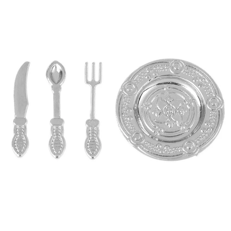 

4PCS/Set Miniature Silverware Vintage Set Knife Spoon Fork and Dish Flatware Dollhouse Kitchen 1:12 Accessories