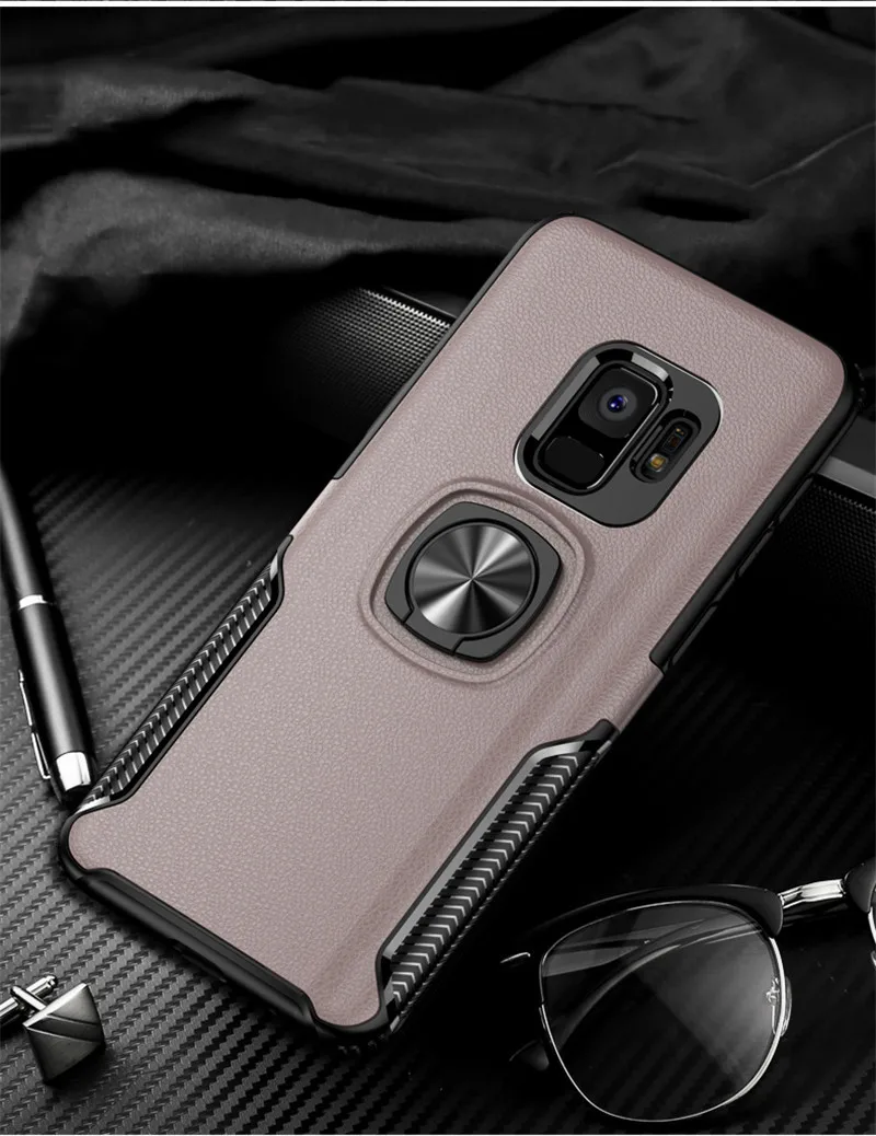 Кожаный чехол-подставка с текстурой для samsung Galaxy S9, S8, S10 Plus, Note 10, 9, 8, кольцевой держатель, Магнитный защитный чехол для J4, J6, J8, A8