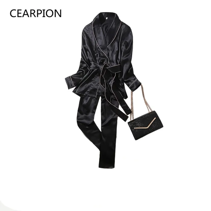 CEARPION, Женский пижамный комплект, Пижама, женская ночная рубашка, 2 шт., рубашка с длинным рукавом и штаны, пижама, нижнее белье, ночной халат, платье - Цвет: Black