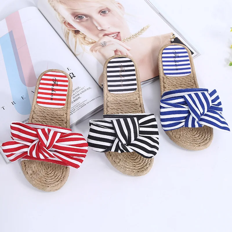 Butterfly-knot Striped Summer Flat Slides Women Open Toe Outside Slippers Leisure Ladies Shoes | Обувь