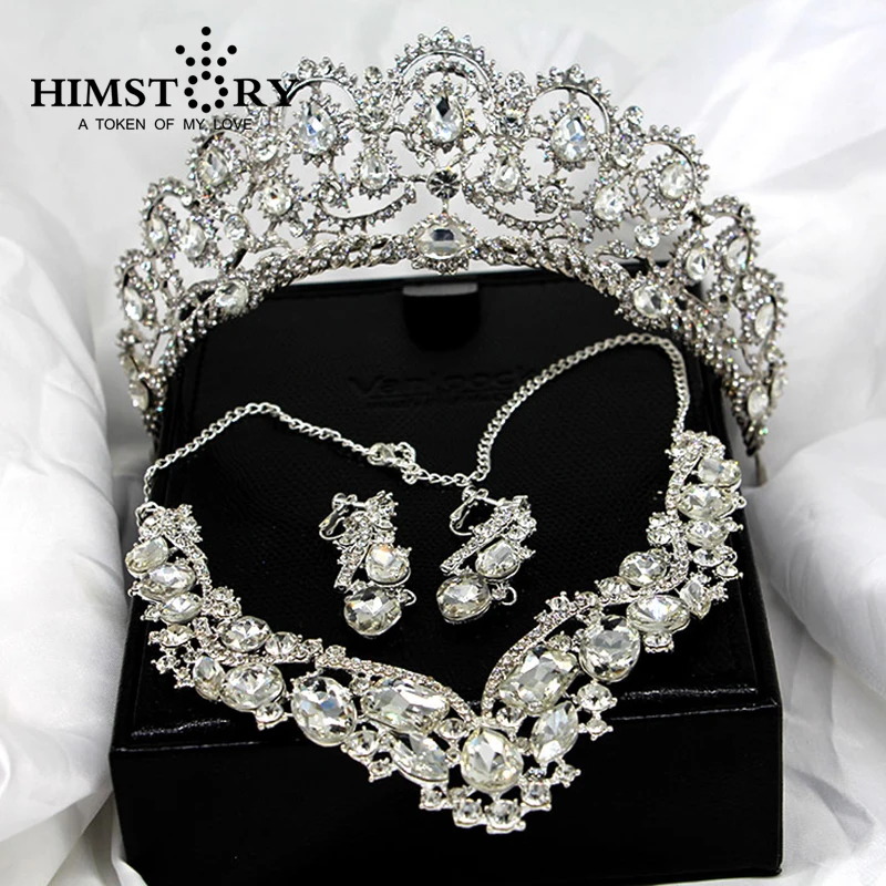 

Grogeous Large European Rhinestones Crystal Bridal Tiara Necklace Earring 3PCS Set Wedding Party Choker Necklace Jewelry sets