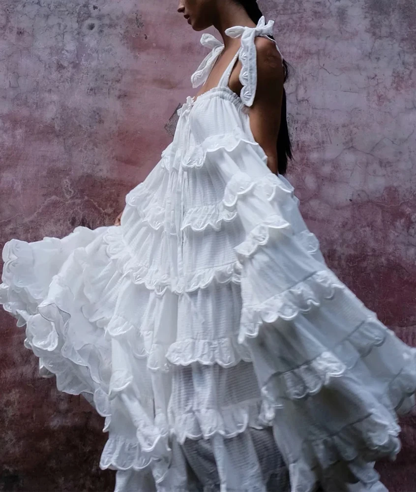 2019 Women's Ruffles Long Dress Solid Color Pure Cotton Cake Loose Pendulum Vacation Pleated Summer Strapless | Женская одежда