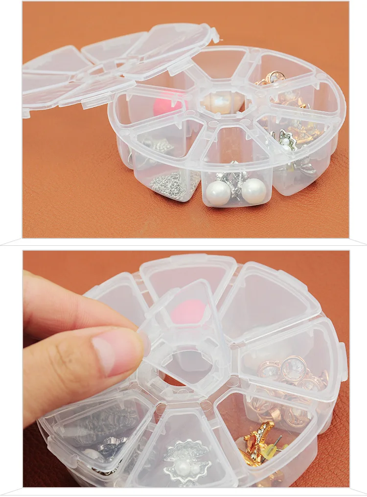 

5pcs/lot 8 Grids jewelry packaging Compartment Nail Art Rhinestone Gems Plastic Box Round Storage Box Case Bead Makeup Clear Org