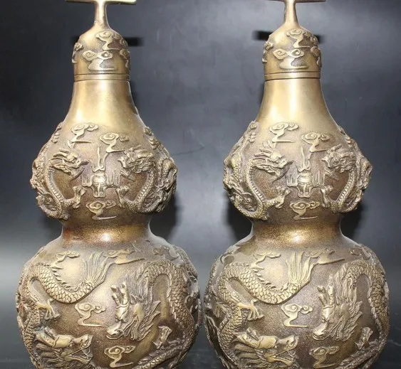 YM 320 12 &quotКитайский Бронзовый феншуй Bixie Дракон Бутылка Тыква Cucurbit бутылка ваза