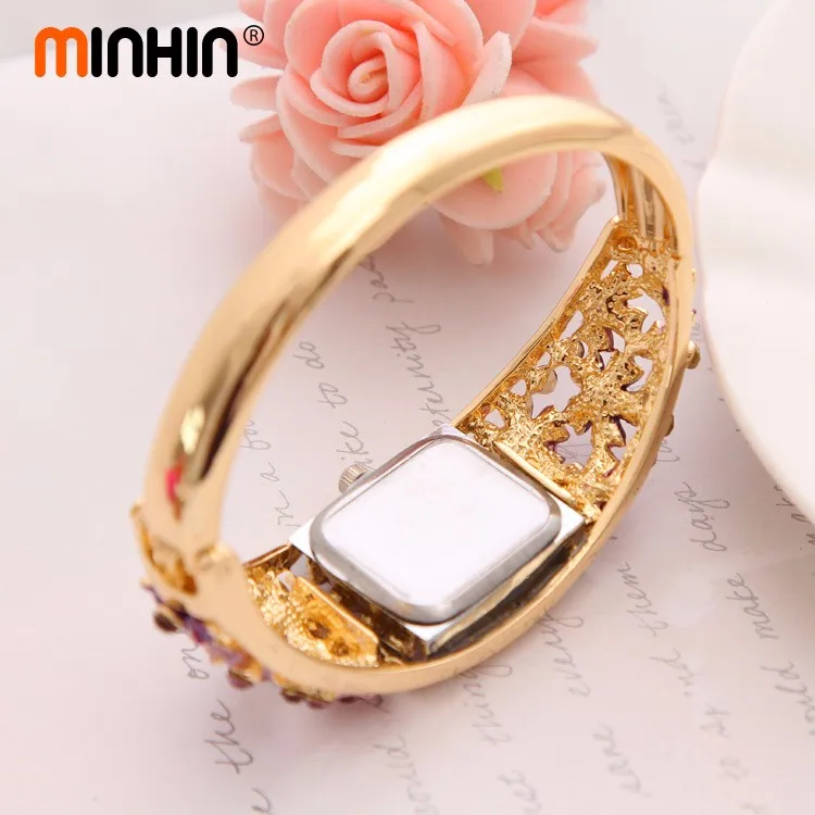Часы MINHIN Brilliant, 5 цветов, браслет для женщин, золотой цвет, Хрустальный цветок, дизайн, Браслет-манжета, кварцевые часы, повседневные наручные часы