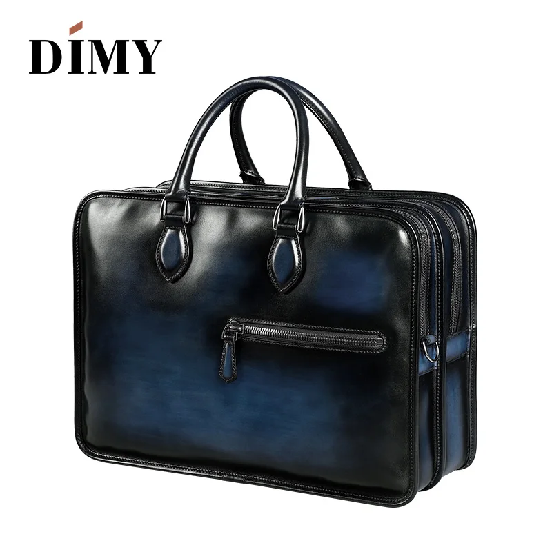 Blue DIMY рука патина Кожа Мужские портфели голландский телячьей сумки бизнес сумки двойная молния сумка для мужчин джентльмен - Цвет: Blue