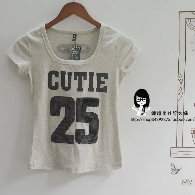 Летняя новая буквенно-цифровая печать футболки с блестками хлопок лайкра