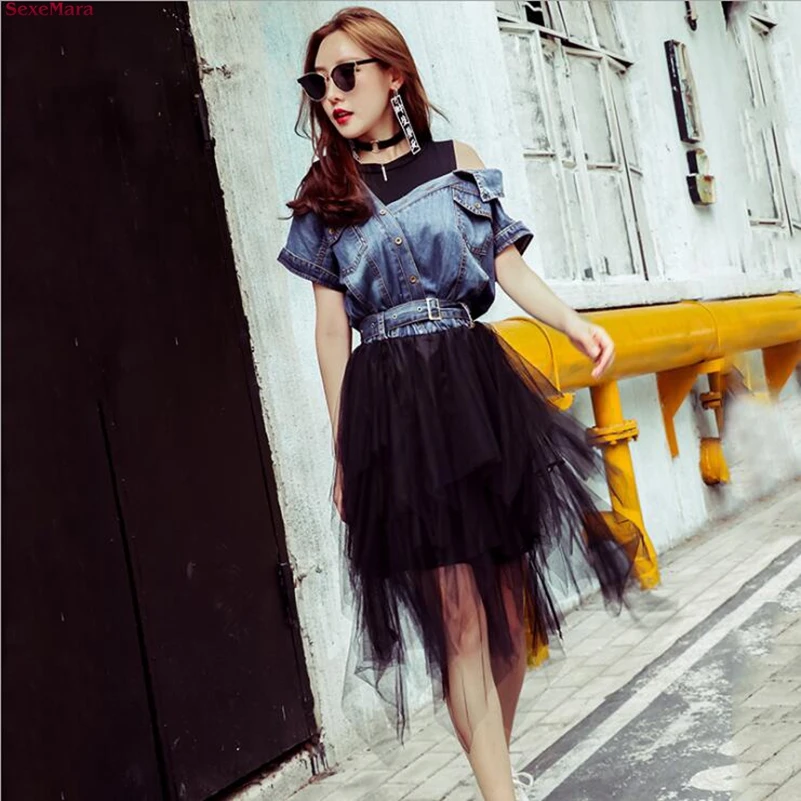 Летнее джинсовое платье с коротким рукавом без бретелек пышной сеткой 2021|puff