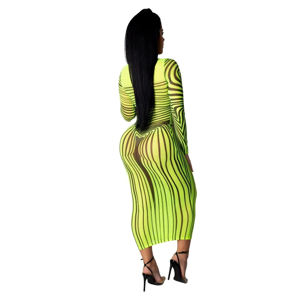 INMOTENG для женщин летние сетчатые See Through Stripes осень Прозрачный Bodycon миди платье