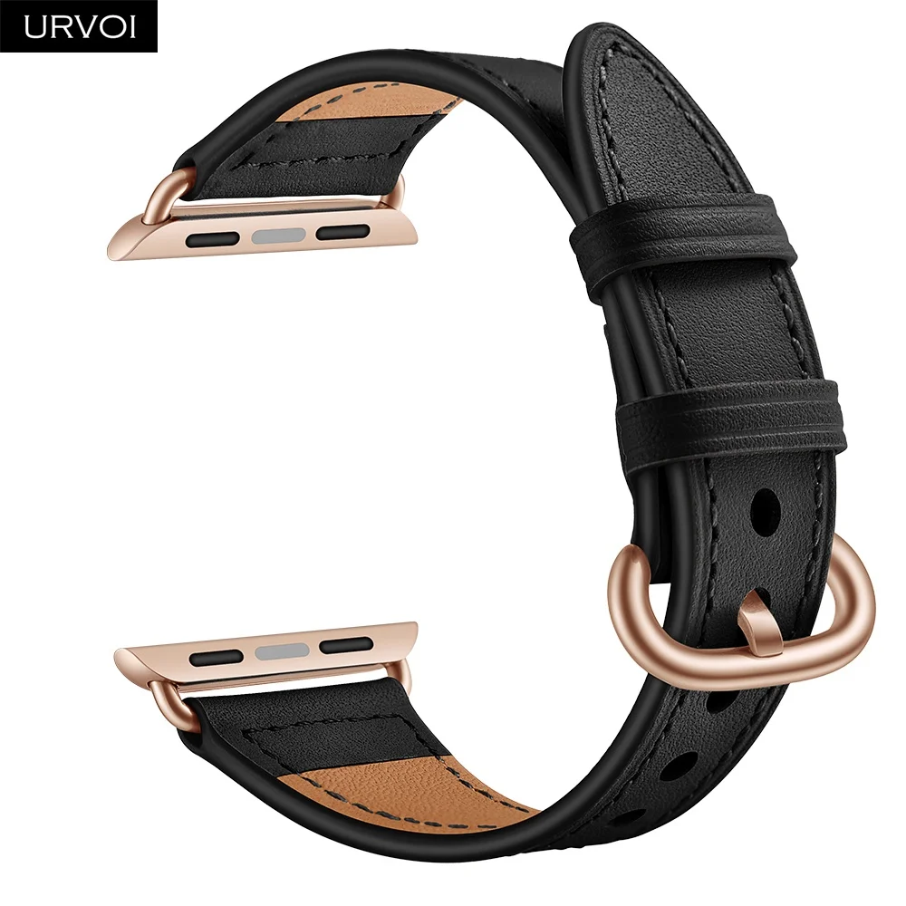 Черный Женский ремешок URVOI для apple watch, Классическая Пряжка, мягкий ремешок из натуральной кожи для iwatch, серия наручных часов 5432, розовое золото, адаптер/Пряжка - Цвет ремешка: Черный