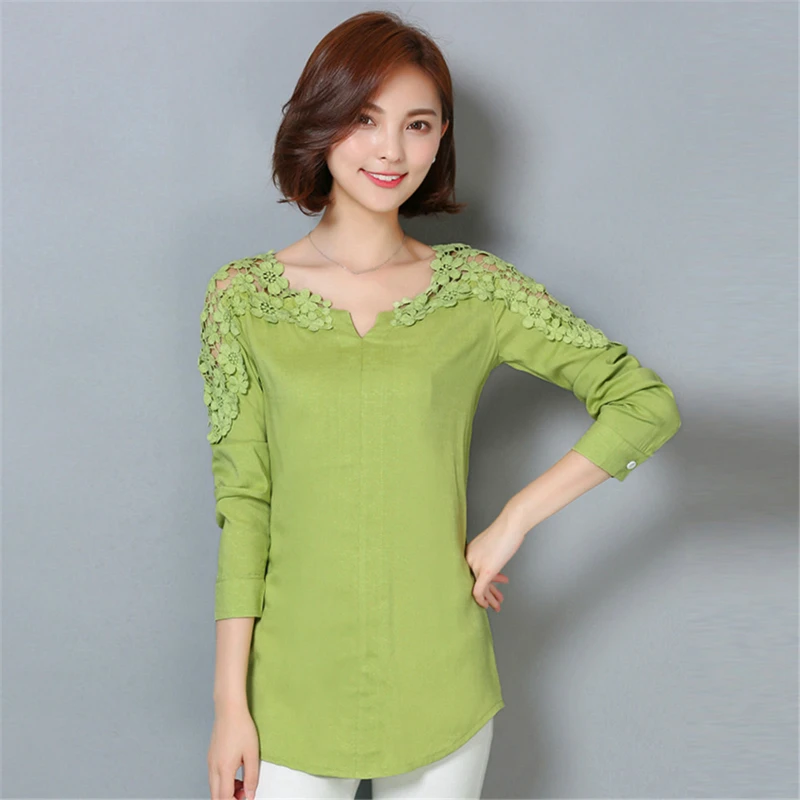 

2021 New Camisas Femininas Lace Sleeve Blouse Shirt Women V-Neck Floral Lace Sexy Casual Linen Shirts Plus Size Lady Shirt 185B