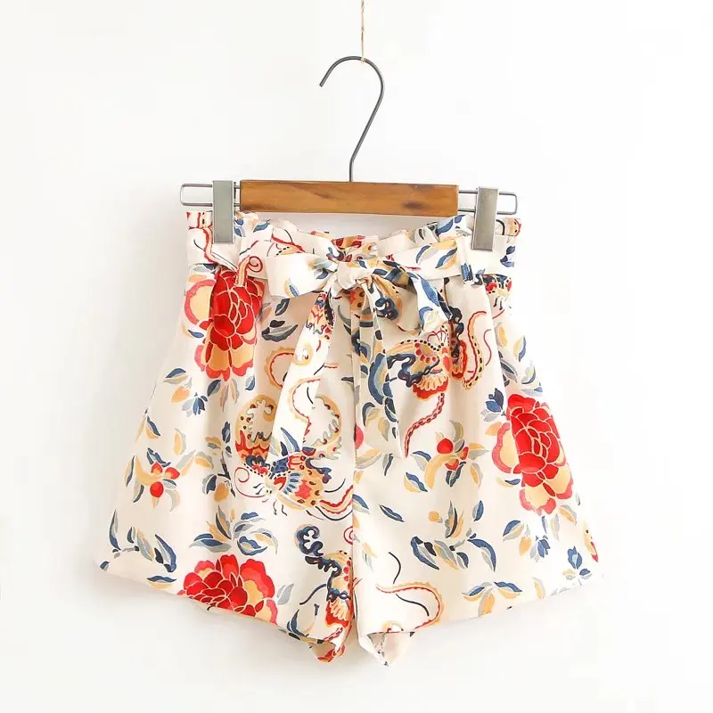 Лето Богемный стиль шифон шорты Лук высокой талии пояс Сплошной цвет карман