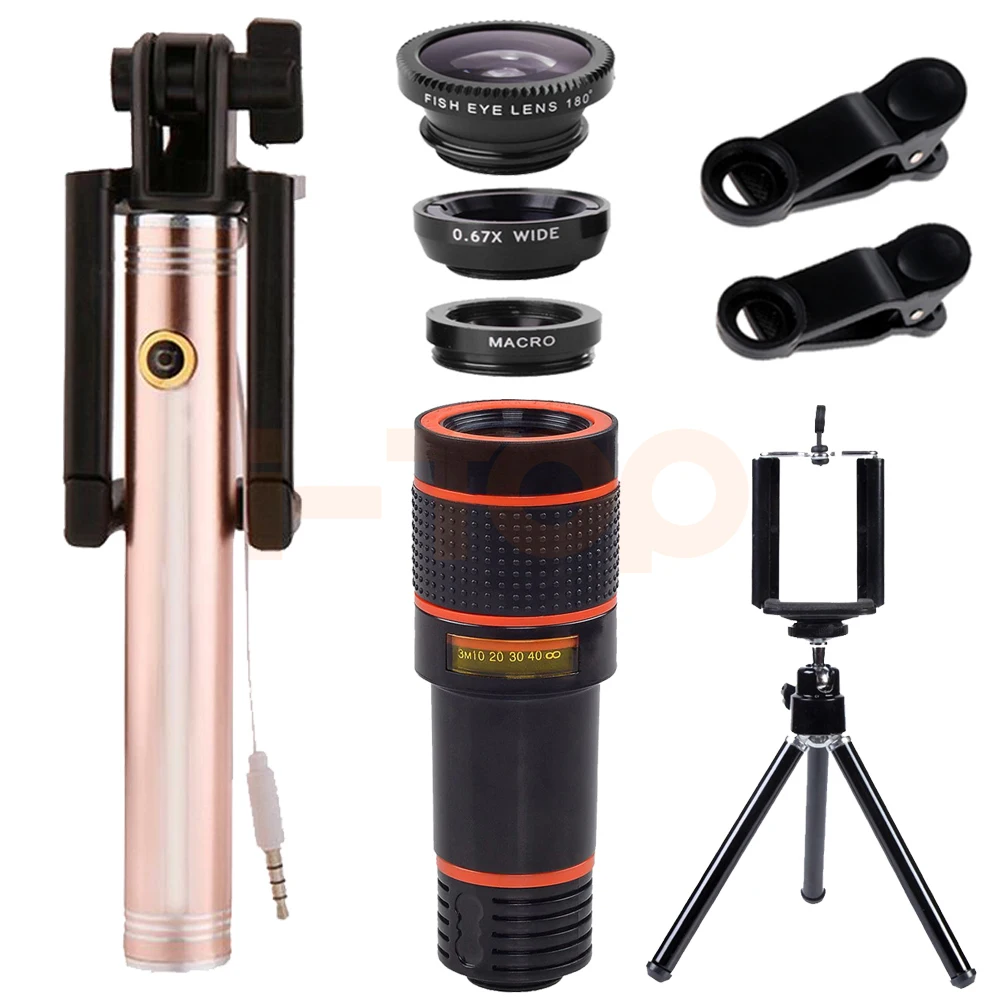 Universal Clips Mobile Tripod 12X Telephoto Zoom Lenses Wide Angle Macro lens Fisheye Lentes Selfie Stick For Samsung galaxy s8+ | Мобильные