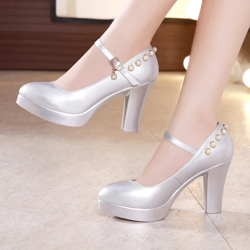 

32 33-43 Pearl Platform Pumps Women Shoes Leather Block Heels 2021 Autumn High Heel Shoes Ladies Red White Silver Wedding Shoe