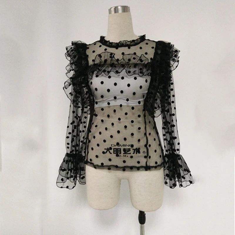 

Polka Dot Printed See Through Mesh Sheer Blouse Shirt Women Turtleneck Petal Sleeve Ruffle Blouses Cold Vogue Nice Femme Tops