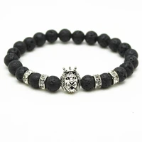 xionghang antique black beads silver plated leo lion head bracelet men black lava stone beads charm bracelets jewelry plusera