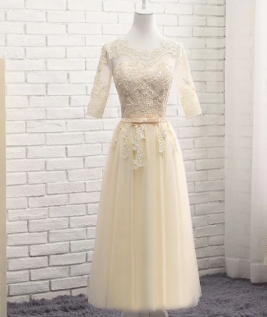 Robe De Soriee светло-голубое платье для подружки невесты длинные кружева иллюзия совок Аппликация длиной до пола элегантные вечерние платья для выпускного вечера невесты - Цвет: champagne tea length