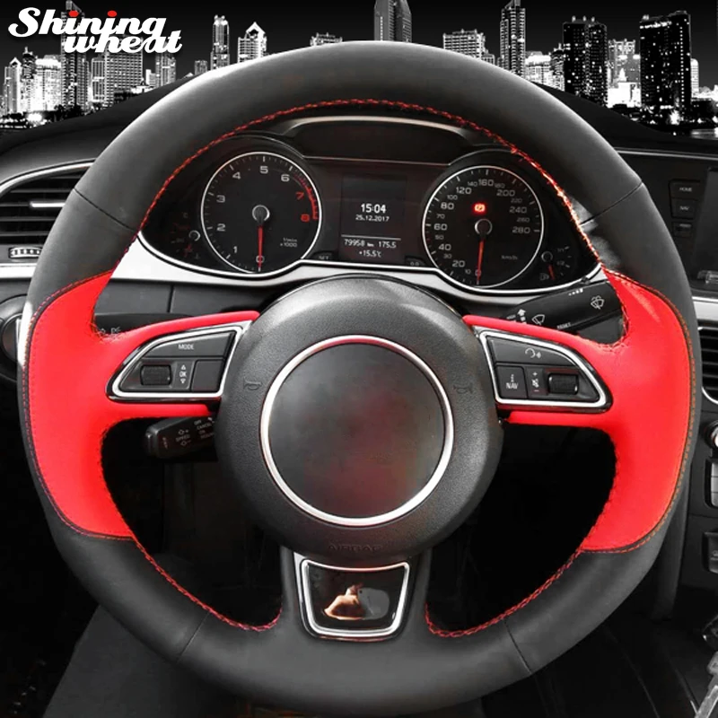 

Black Red Genuine Leather Car Steering Wheel Cover for Audi A3 A4 A5 A6 A7 Allroad RS 7 2014-2015 S6 S7 2013