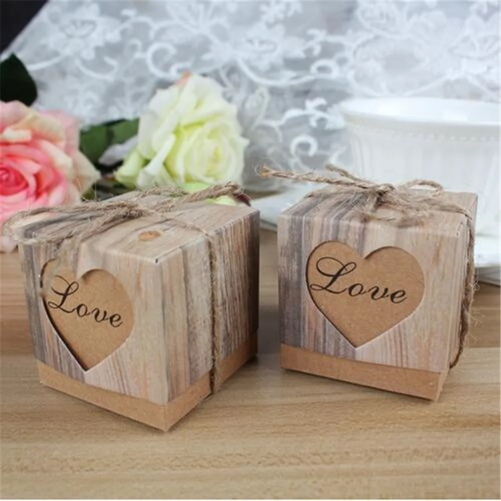 10pcs/lot Wedding Candy Souvenirs Box Romantic Heart Kraft Gift with Burlap Twine Chic Favors | Спорт и развлечения