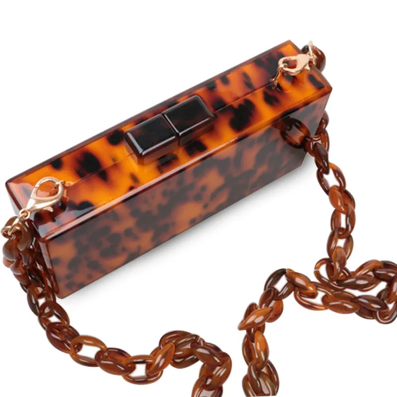 

[Telastar] Women Messenger Bags Top Handle Tote Leopard Acrylic Clutch Bag Shoulder Handbags Evening Clutch Nice Resin Chain