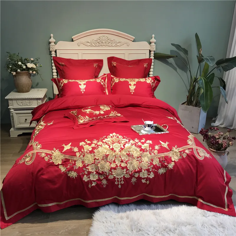 Роскошные 100S Египетский хлопок золотой пион цветы вышивка дворцовый Комплект