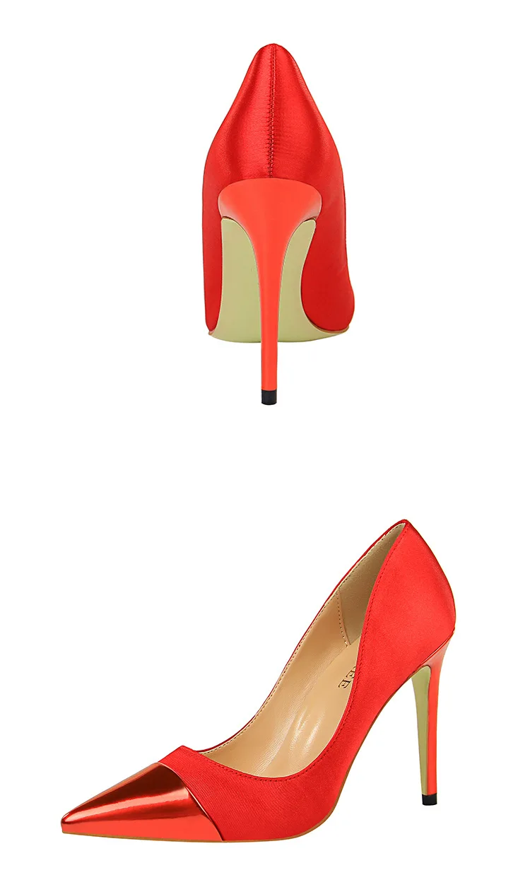 Women Shoes Pointed Toe Pumps Satin splice Pointed 10CM thin High Heels Boat Wedding Dress Office Shoes
