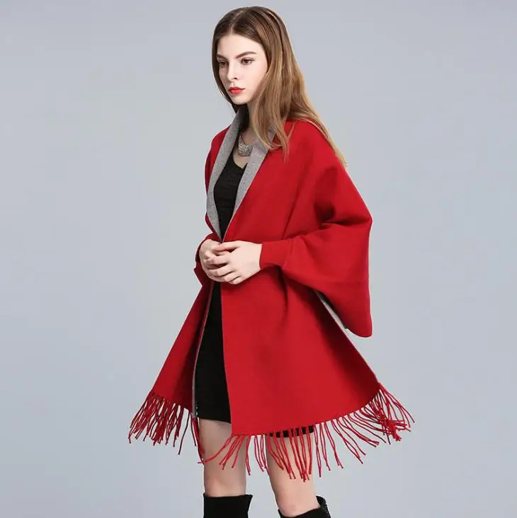 wine red gray Зимние женские шарфы длинная шаль Толстая теплая кисточка кашемировое одеяло пончо Твердые роскошные женские шарф накидка с рукавами - Цвет: wine red gray