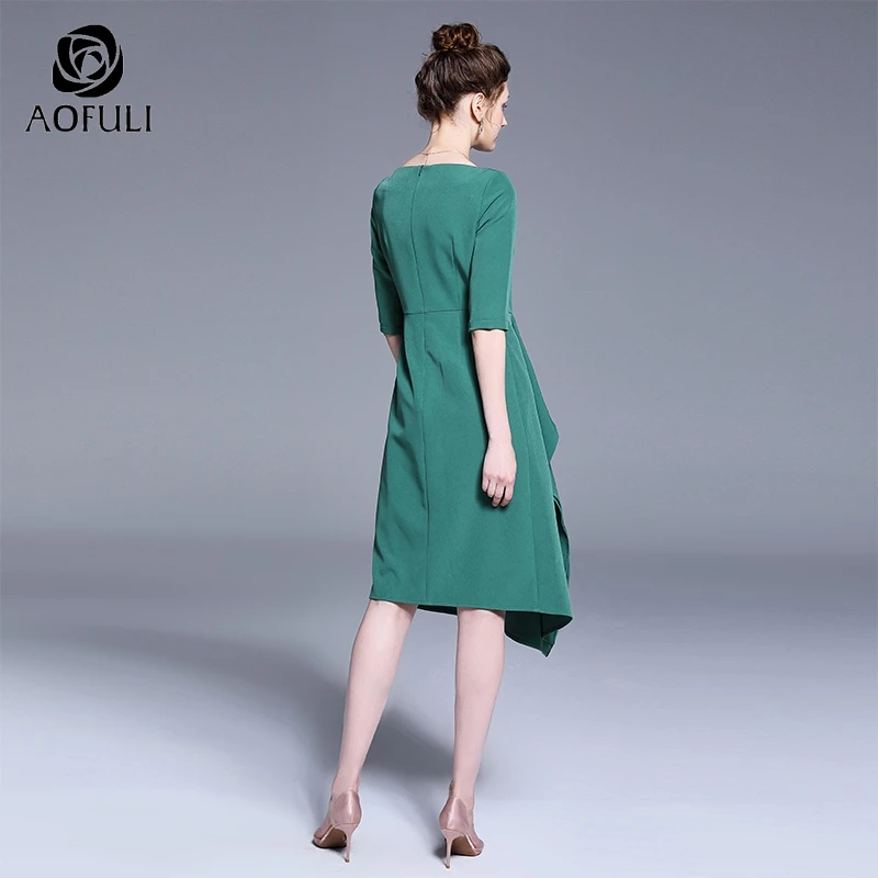 Женское Ассиметричное платье AOFULI L ~ XXXL зеленое плиссированное до середины икры с