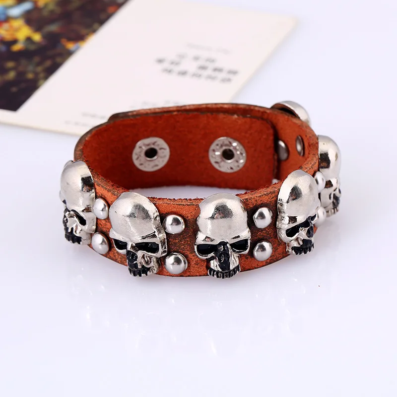 Runyuan Punk Rock Череп Скелет Браслеты Strand Винтаж Boho Античная посеребренные Кожа Craft