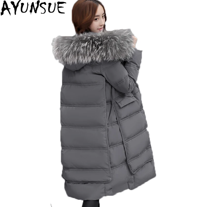 AYUNSUE Women Down Coat Large Fur Collar Parkas Winter Jacket 80% White Duck Coats Hooded Knee Long Snow ST279 | Женская одежда