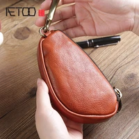 aetoo retro male lady leather large capacity key baotou layer cowhide car key pack with card bit copper buckle