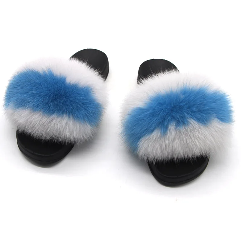 blue grey ZDFURS/; Лидер продаж; женские шлепанцы с лисьим мехом; Разноцветные Летние модные шлепанцы; женские меховые домашние Вьетнамки; пляжные сандалии - Цвет: blue grey